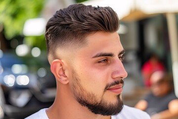 Low fade with a disconnected beard