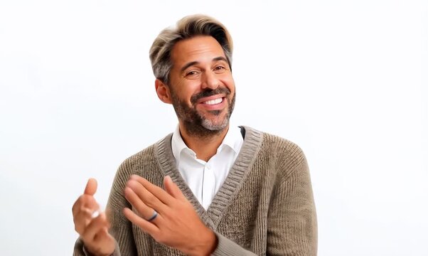 portrait of a happy Israeli man in his 40s wearing a chic cardigan against a white background
