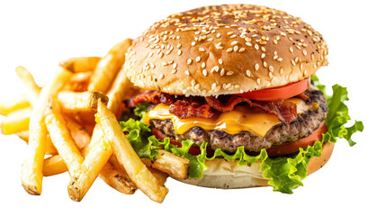 Burger and fries on transparent background