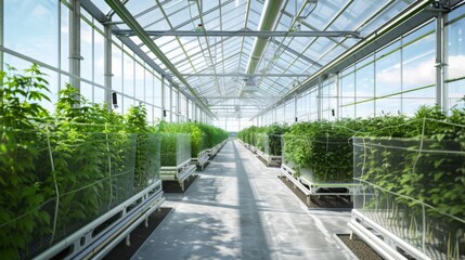 Obraz premium Rows of plants grow inside a large greenhouse, with sunlight streaming through the glass panels.