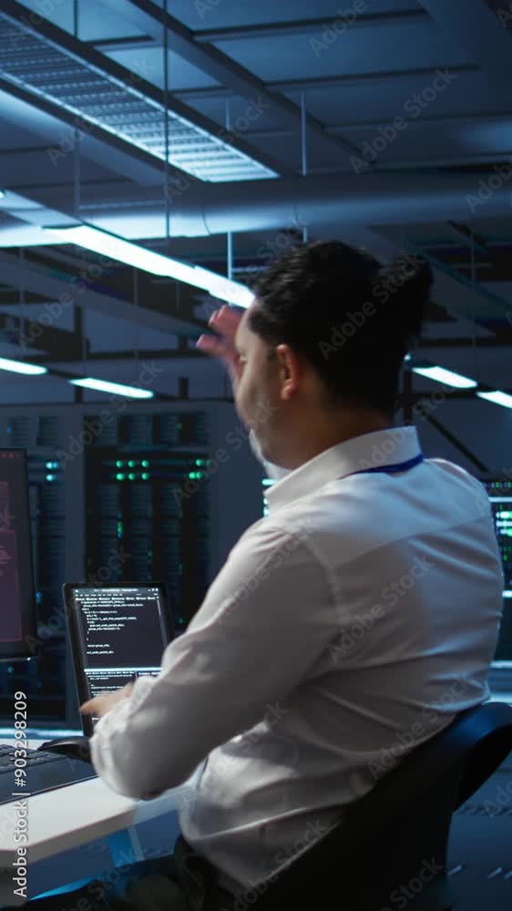 Poster vertical video computer scientists in server room protect hardware from hacker attack stealing sensi