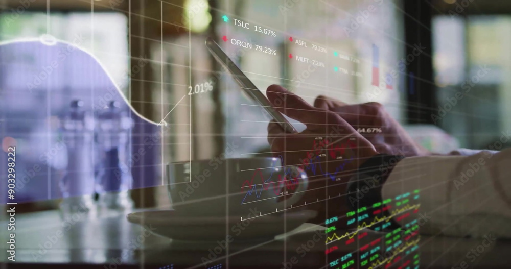 Poster image of financial data processing over businessman using tablet