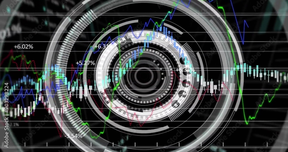 Poster image of financial data processing over scope and grid on dark background