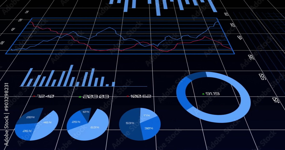 Poster image of financial data processing over grid on dark background