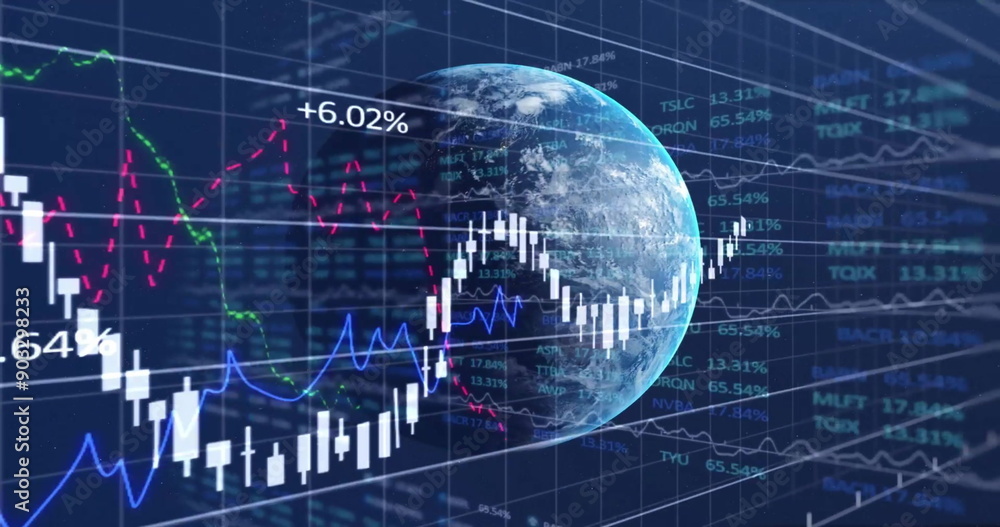 Poster Image of financial data processing over globe on dark background