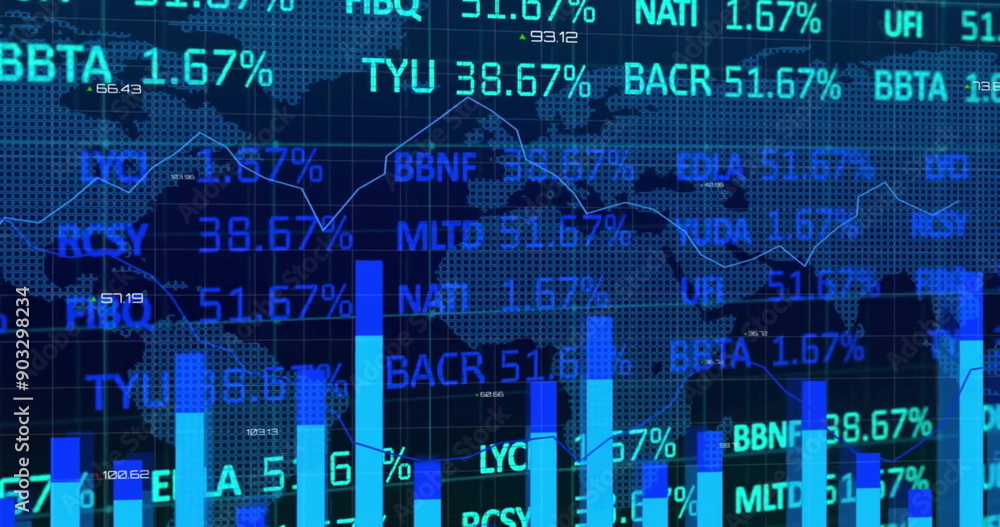 Poster image of financial data processing over world map on dark background