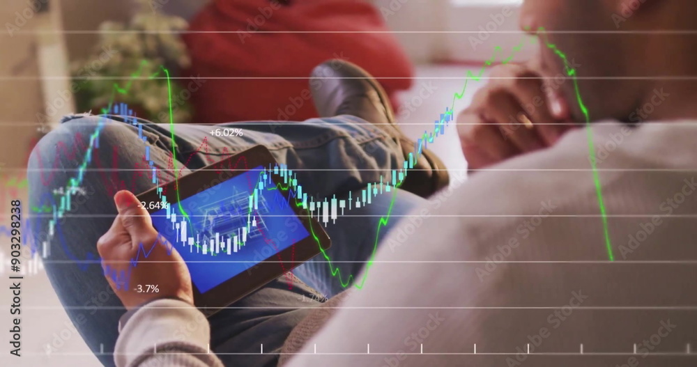 Aufkleber image of financial data processing over businessman using tablet