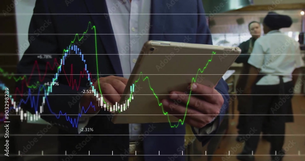 Poster image of financial data processing over businessman using tablet