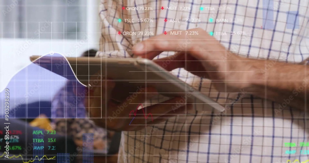Aufkleber image of financial data processing over caucasian sman using tablet