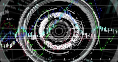 Image of financial data processing over scope and grid on dark background