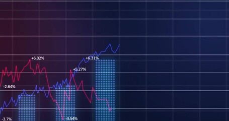 Image of financial data processing over grid on dark background