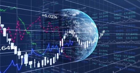 Image of financial data processing over globe on dark background