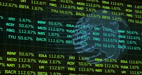 Image of financial data processing over globe on dark background