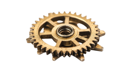 Old brass metal gears on transparent background