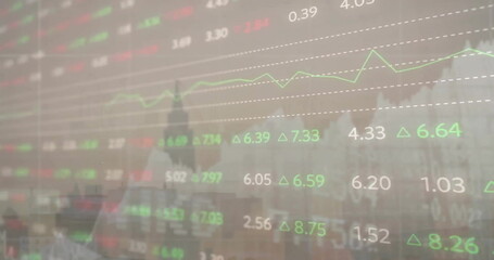 Image of financial data processing over cityscape