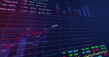 Image of financial data processing over grid on dark background
