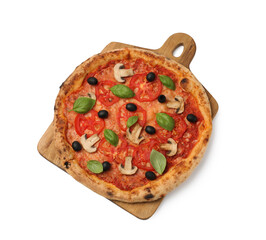 Delicious pizza with tomatoes, mushrooms, black olives and basil isolated on white, top view