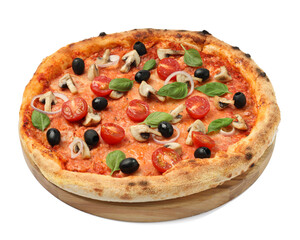 Delicious pizza with tomatoes, mushrooms, black olives and basil isolated on white
