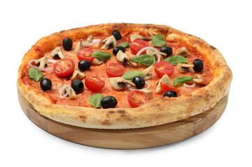 Delicious pizza with tomatoes, mushrooms, black olives and basil isolated on white