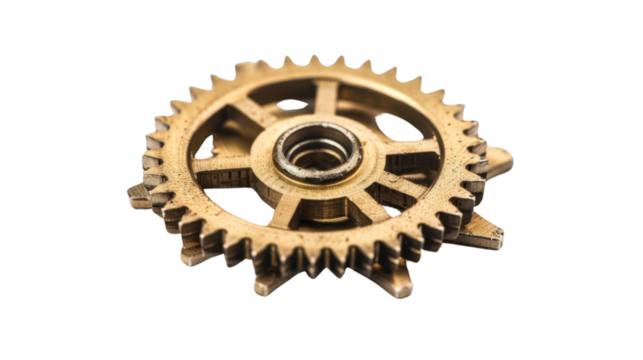 Old brass metal gears on transparent background