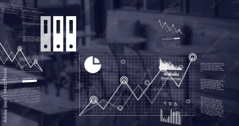 Poster image of statistics and financial data processing over cafe