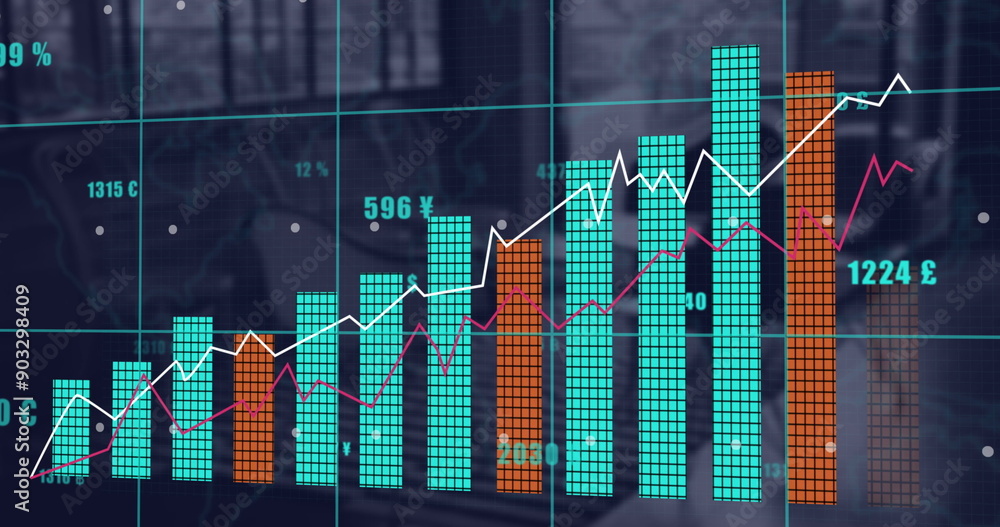 Poster image of statistics and financial data processing over office