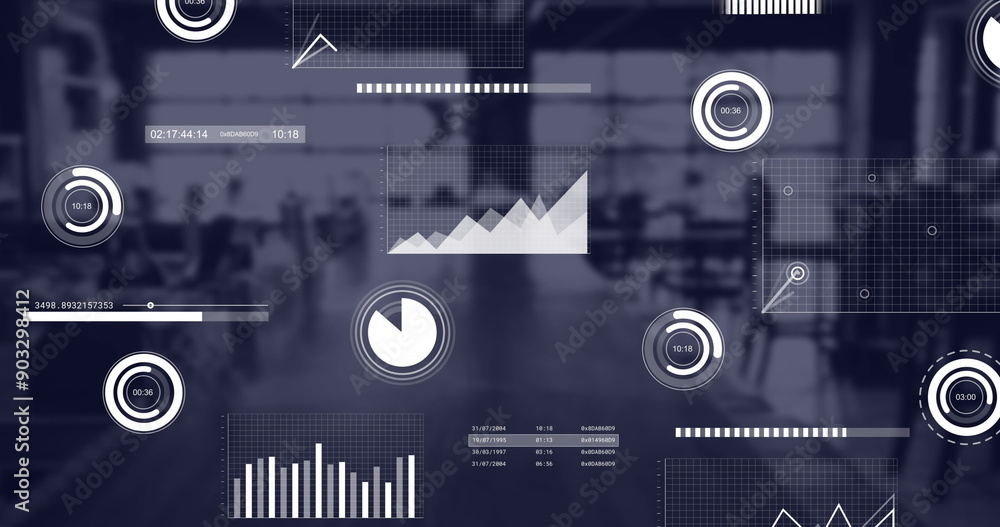 Poster image of statistics and financial data processing over office