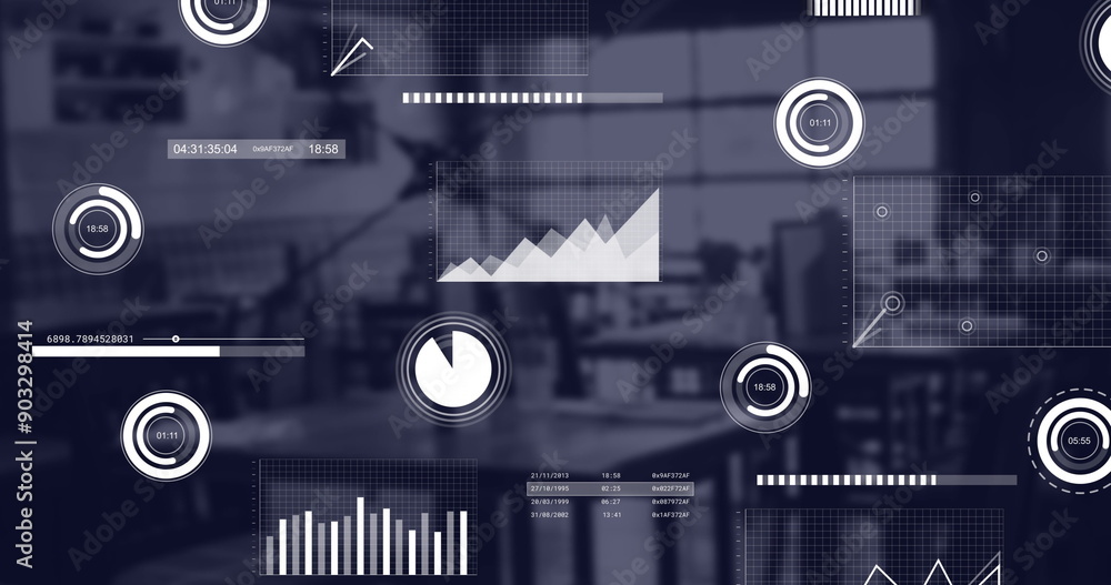 Poster image of statistics and financial data processing over office