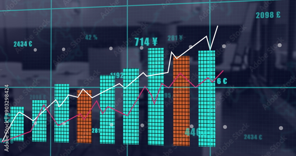 Poster image of statistics and financial data processing over office