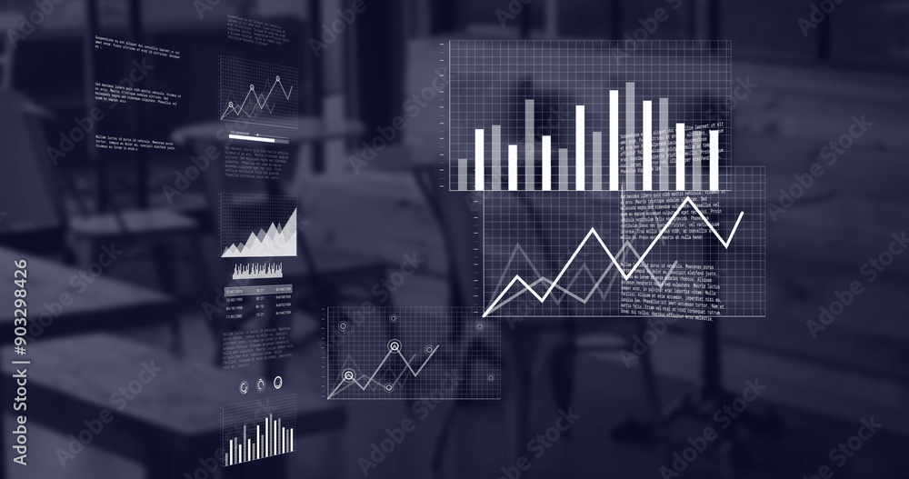 Poster image of statistics and financial data processing over cafe