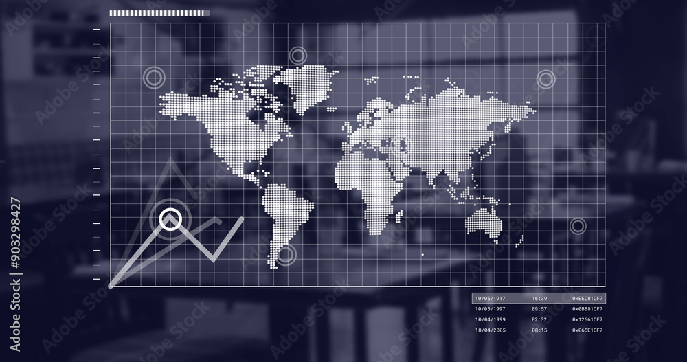 Poster image of world map and financial data processing over office