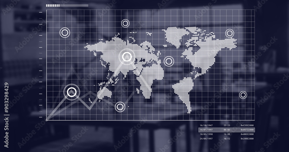 Poster image of world map and financial data processing over office