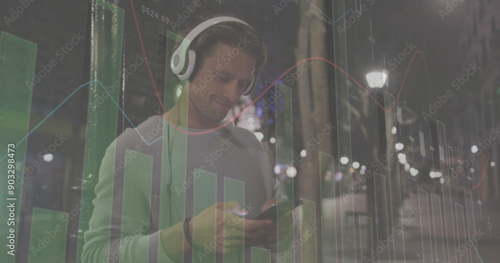 Poster image of financial data processing over biracial man with smartphone on the go