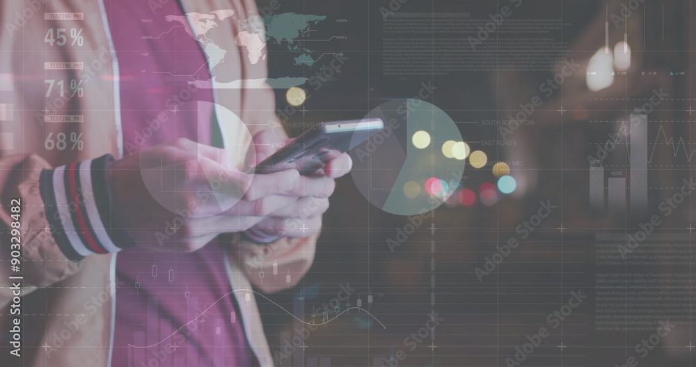 Poster image of financial data processing over caucasian man with smartphone on the go