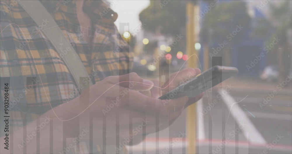 Aufkleber image of financial data processing over caucasian man with smartphone on the go