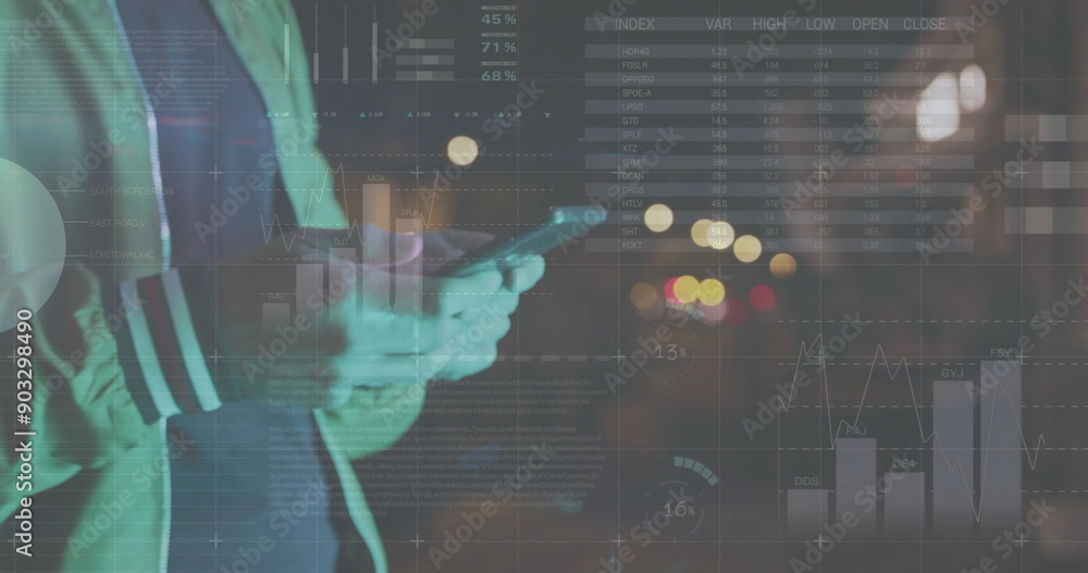 Poster image of financial data processing over caucasian man with smartphone on the go