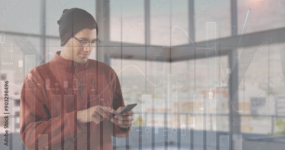 Poster image of financial data processing over caucasian man with smartphone on the go