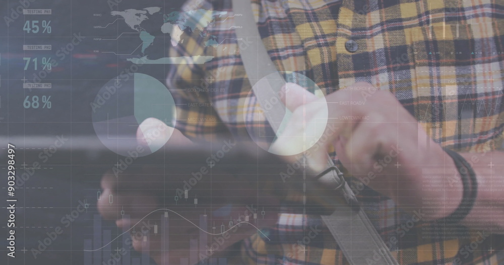 Aufkleber image of financial data processing over caucasian man with tablet on the go
