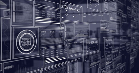 Image of screens with data processing over cityscape