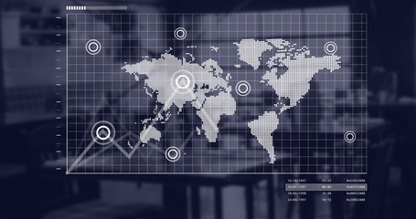 Image of world map and financial data processing over office
