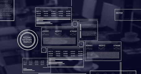 Image of screens and financial data processing over office