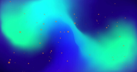Image of yellow light spots over green shapes on blue background