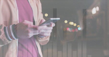 Image of financial data processing over caucasian man with smartphone on the go