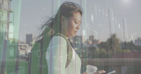 Image of financial data processing over biracial woman with smartphone on the go
