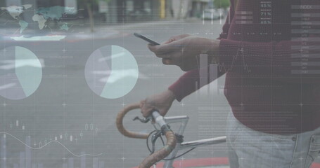 Image of financial data processing over african american man with smartphone on the go