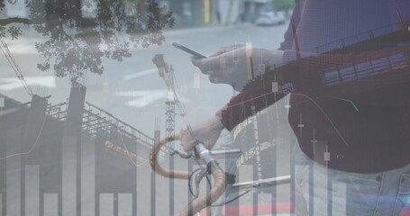 Image of financial data processing over african american man with smartphone on the go