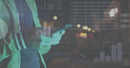 Image of financial data processing over caucasian man with smartphone on the go