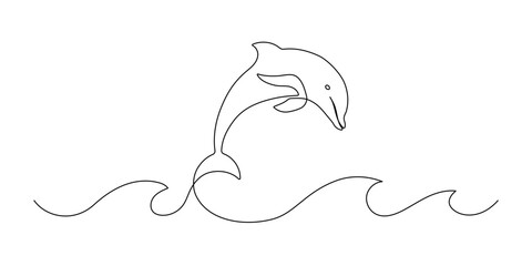 One continuous line drawing of dolphin. Sea animal in wildlife in simple linear style. Summer concept in Editable stroke. Doodle contour vector illustration
