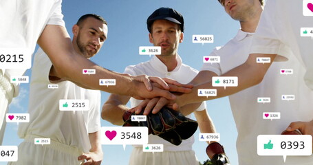 Image of social media icons with growing numbers over diverse male cricket players teaming up