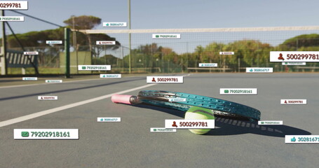 Image of social media icons with growing numbers over tennis ball and racket on court